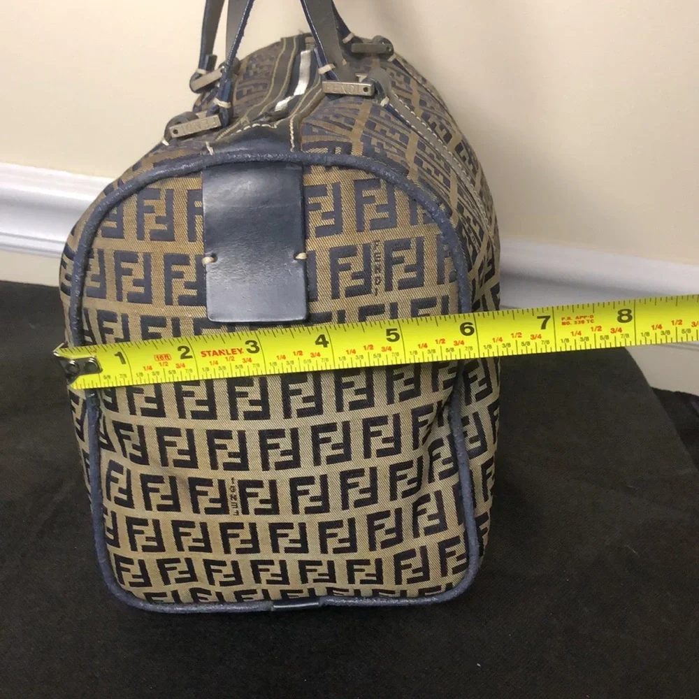 FENDI Zucca Navy Blue Leather Canvas Boston Duffle Travel Bag Speedy 30 EUC